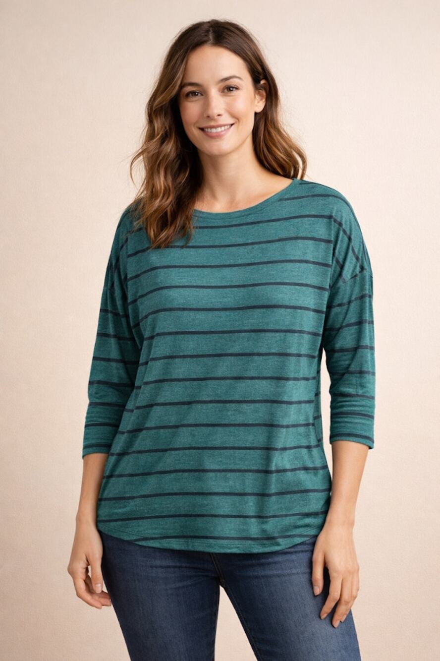 Women's Oversized Striped Top Green 3/4‎ Sleeve Relaxed Stretch Casual Pullover